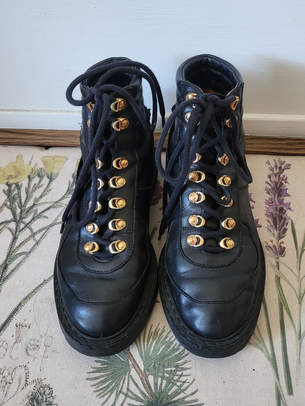 Anonymous Made In Portugal Black Leather Combat Boots Gold Hardware EU 38